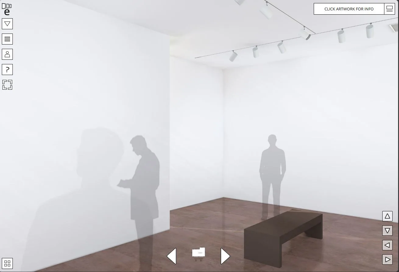 An empty Exhibbit room, its walls lit by track lighting and marked with ghosted visitor figures