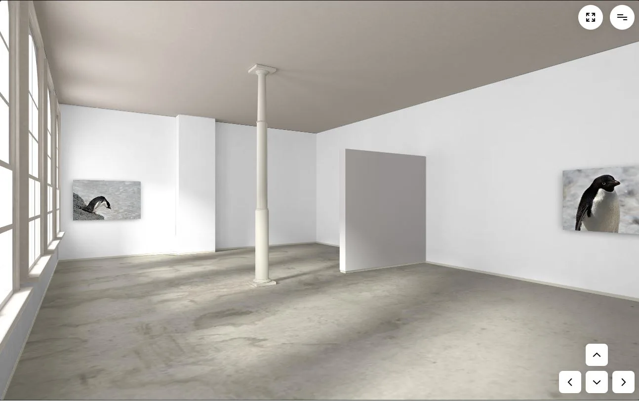 A Kunstmatrix room hung with stock photographs along a daylit wall