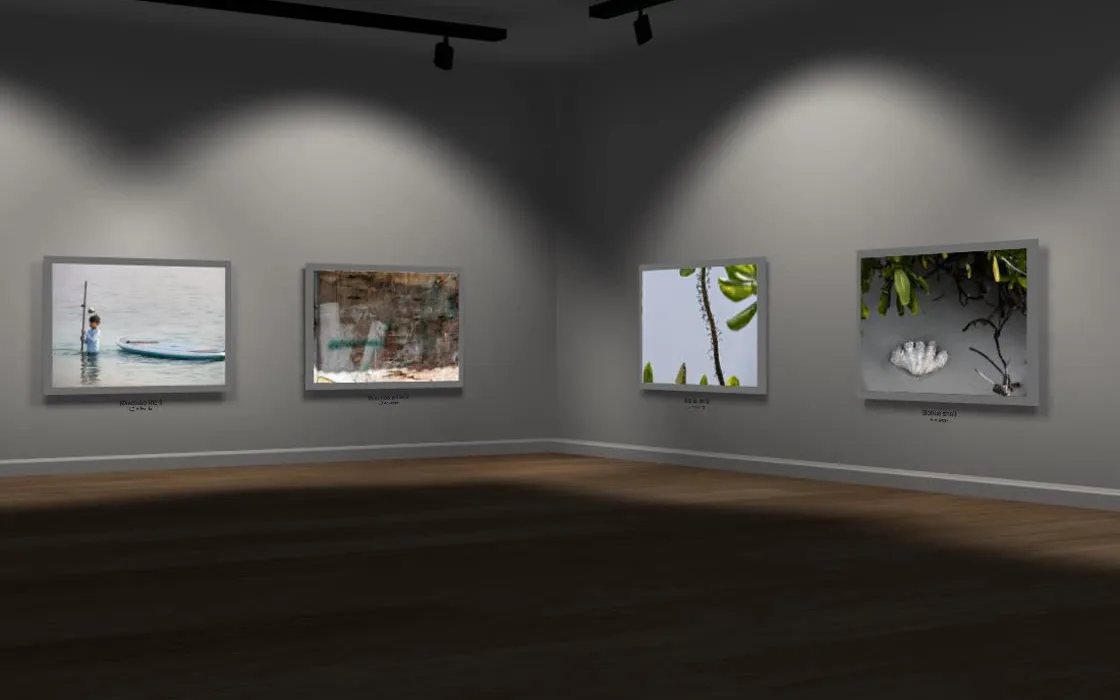 An OpenVGal gallery room, artworks placed automatically along the wall