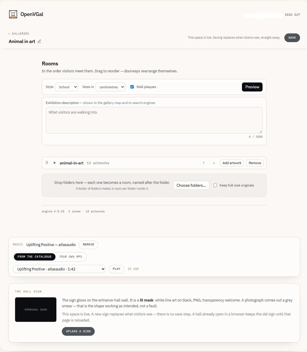 The space editor on a live gallery: style, rooms, artwork, music and logo, all changed in place.
