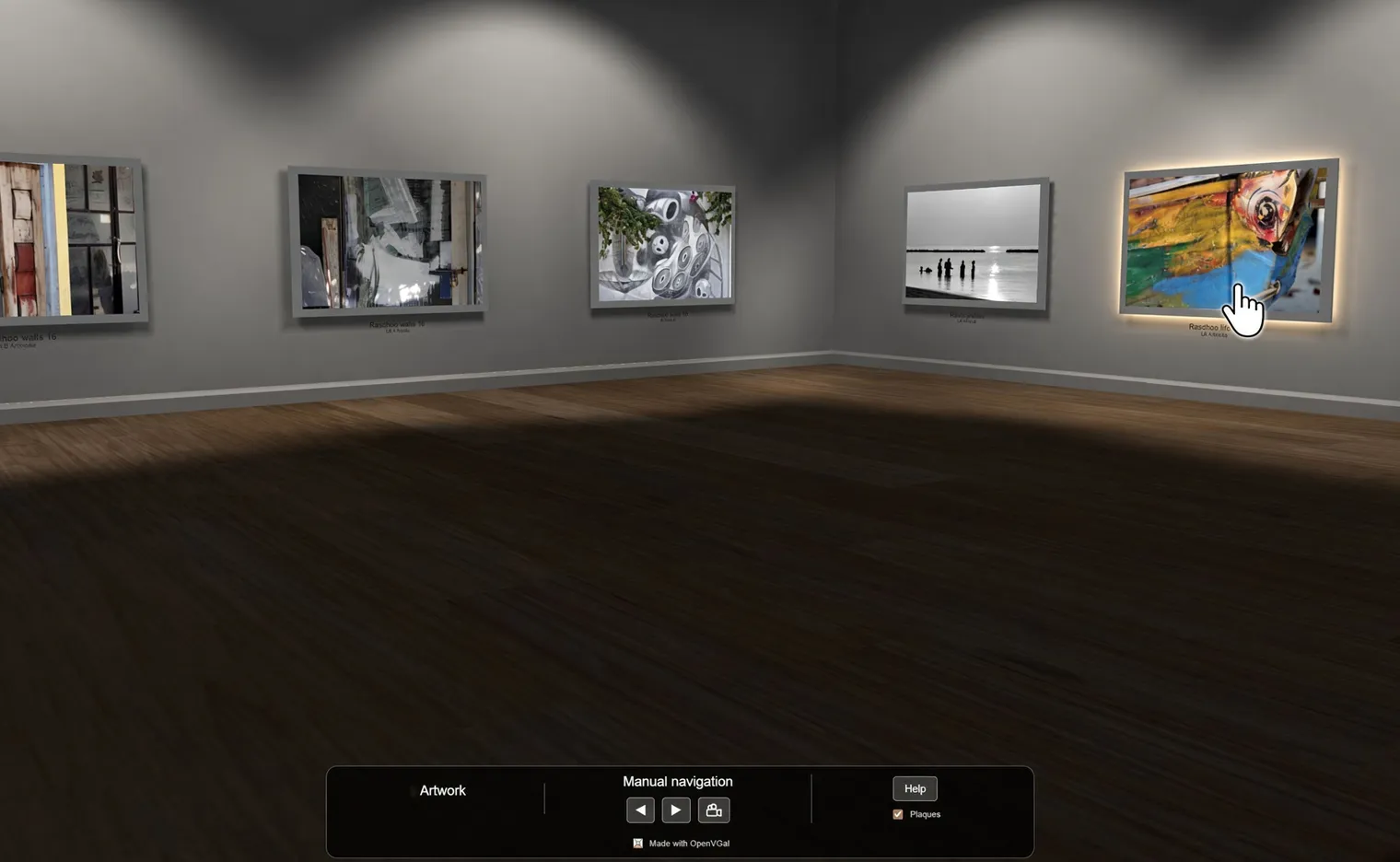 A wall as you meet it, with nothing selected yet but hovering over an artwork.