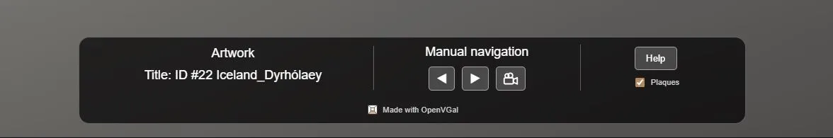 The overlay: the Artwork readout, the manual navigation arrows and the cinematic button, Help, and the Plaques toggle.