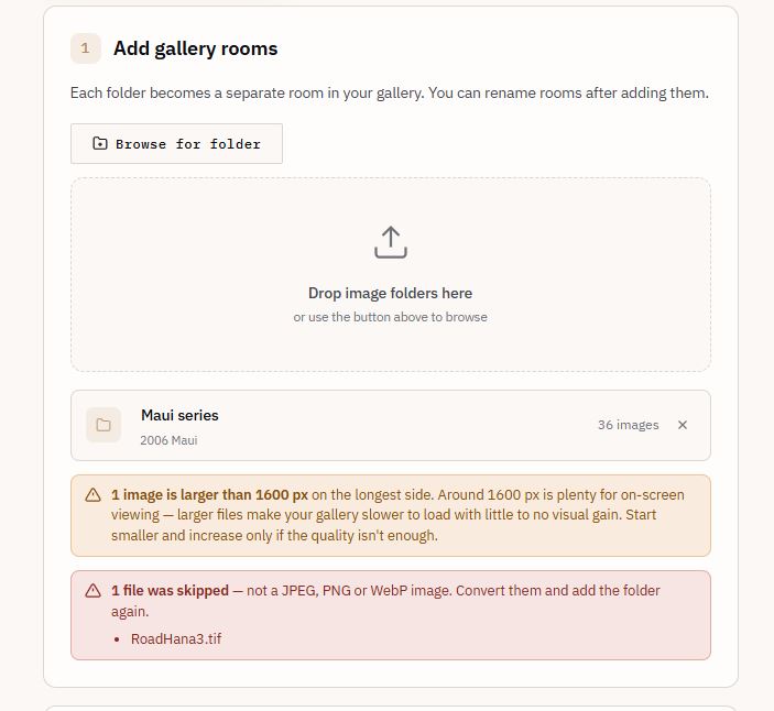 The builder warns about an oversized image and lists any file it could not read.